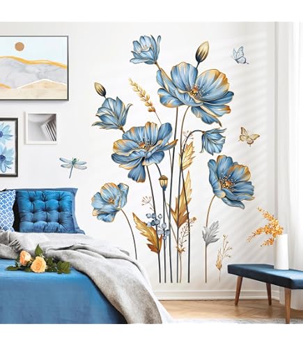 Yeysynana Flowers Wall Decals Blue Rose Butterfly Floral Wall Art Peel And Stick DIY Vinyl Blossom Roes Flower Wall Stickers For Bedroom Living Room Sofa Backdrop TV Home Decor