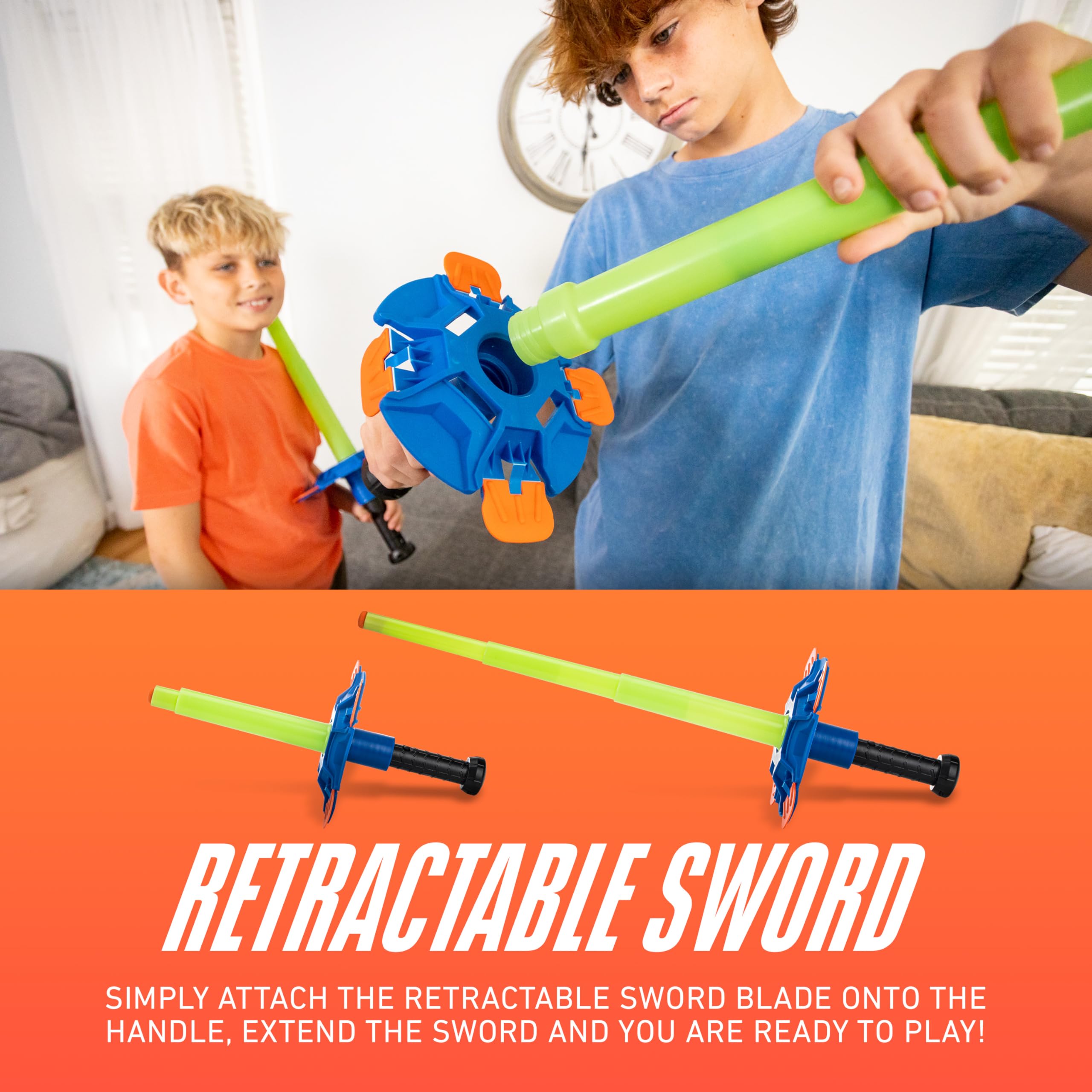 Nerf Duel Swords Set - Retractable Swords with Glow in the Dark Feature - Integrated Knockdown Targets - Kids Fencing Game, Green, Blue, Orange