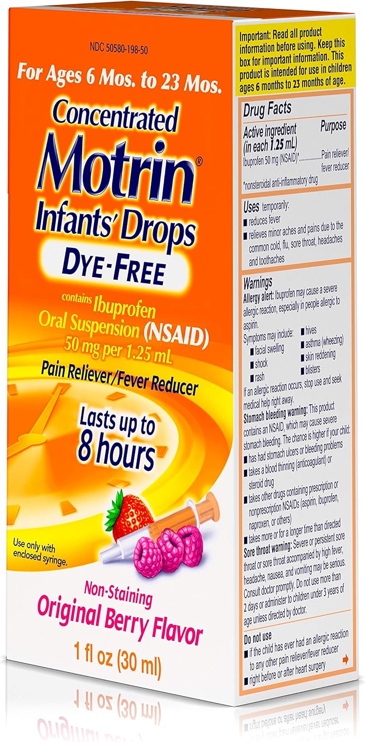 Infants' Motrin Concentrated Drops, Fever Reducer, Ibuprofen, Dye Free, Berry Flavored, 1 Oz: Health & Personal Care