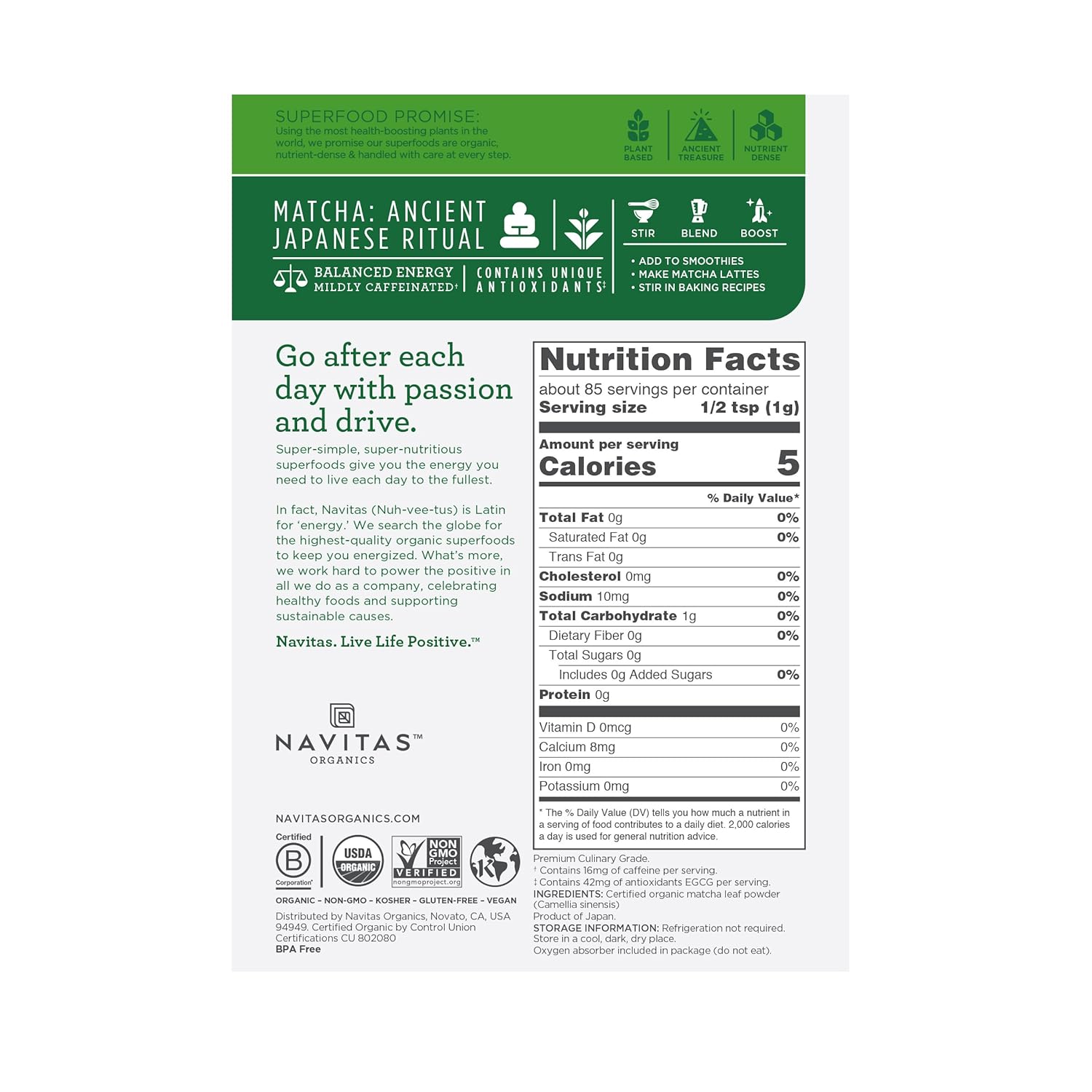Navitas Organics Matcha Powder, 3oz. Pouch — Premium Culinary Grade, Organic, Non-GMO, Gluten-Free : Grocery & Gourmet Food