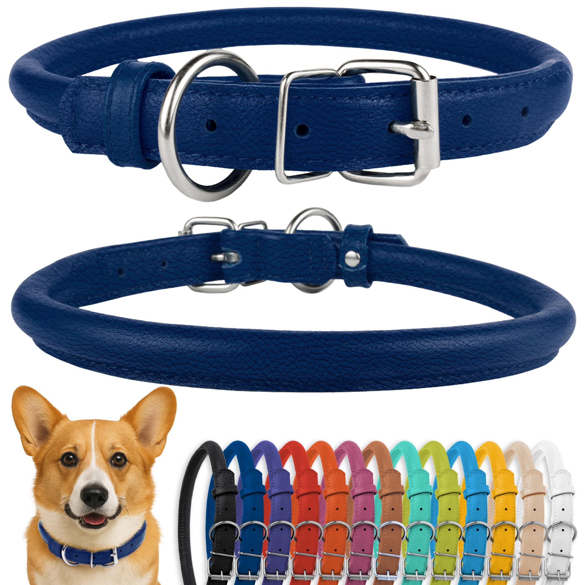 CollarDirect Rolled Leather Dog Collar, Soft Padded Round Puppy Collar, Handmade Genuine Leather Collar Dog Small Large Cat Collars Black Pink Red Purple Blue (Fits 12"-15" Neck, Dark Blue)