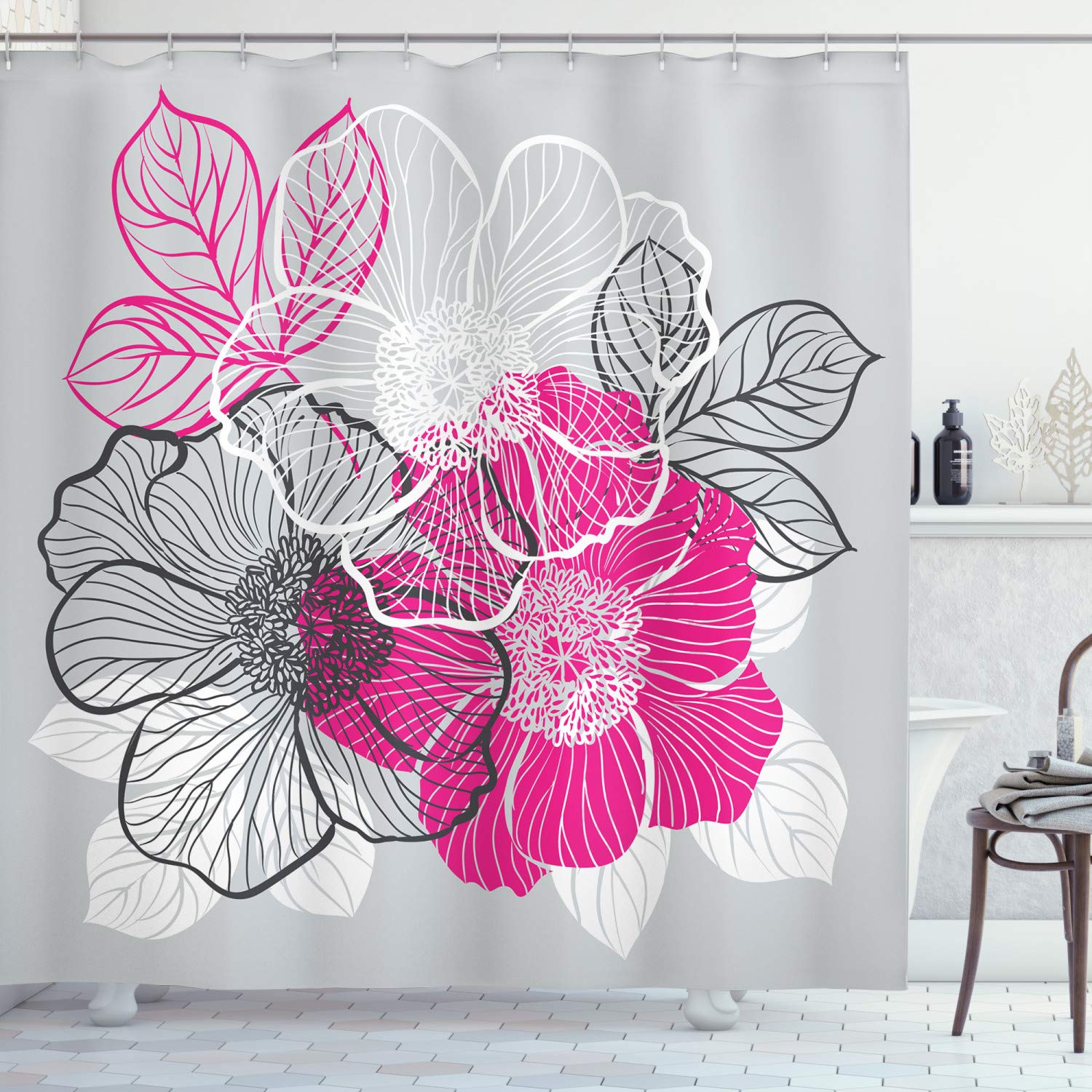 ABAKUHAUS Grey Shower Curtain, Abstract Blossoming Peonies Romantic Spring Bridal Bouquet Feminine Corsage, Cloth Fabric Bathroom Decor Set with Hooks, 94 Inches, Grey Magenta White