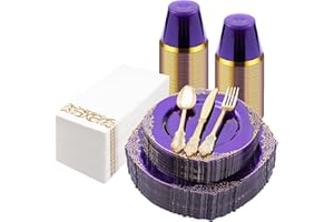 Bestluck 175PCS Clear Purple Plastic Plates for 25 Guests, Disposable Plates with Gold Trim include 25 Dinner Plates, 25 Dessert Plates, 75 Gold Silverware, 25 Cups, 25 Napkins for Party, Wedding