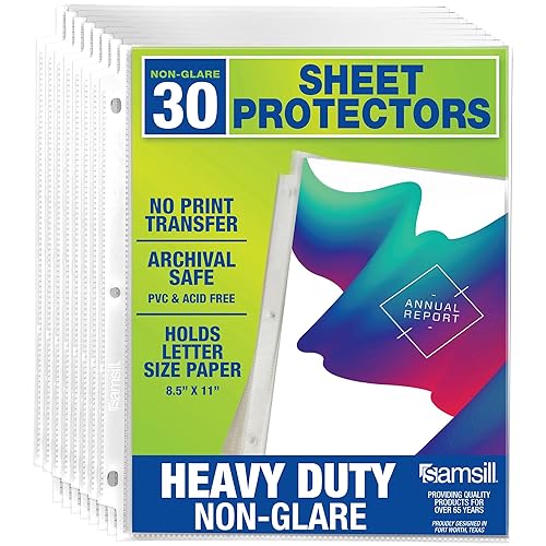 Samsill 30 Pack Heavy Duty Sheet Protectors, Non-Glare, 8.5x11 Inch Page Protectors for 3 Ring Binder, Letter Size Protectors, Reinforced Holes, Non-Glare Document Sleeve, Top Loading, Acid Free