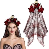 KEUKORZ Halloween Headband Skull Rose Black Red Lace Veil Hair Accessory | Halloween Day of The Dead Headband Skull Floral Headpiece Cosplay Costume Hair Accessory for Women Party