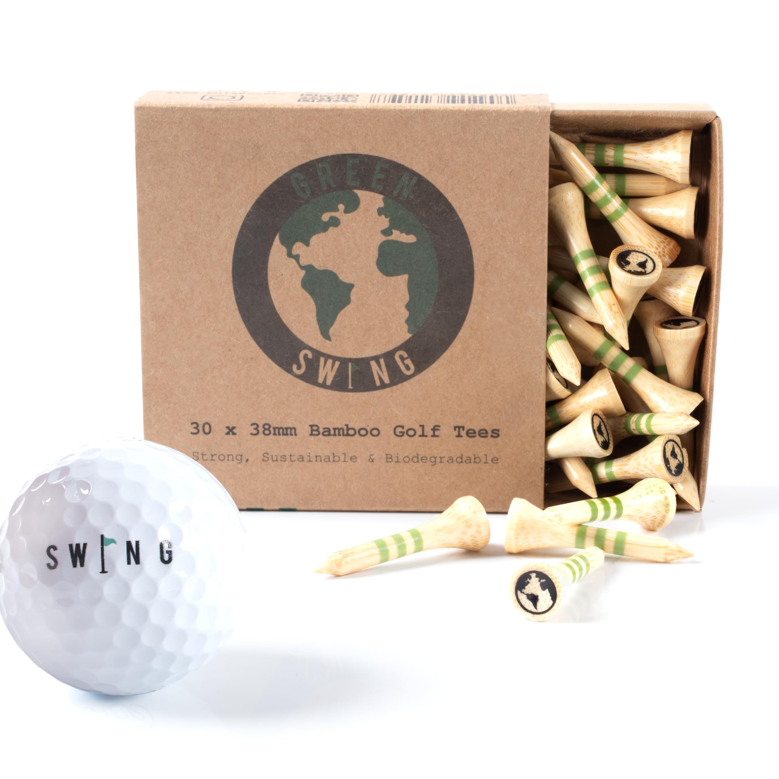 Green Swing Bamboo Golf Tees 38mm | Strong Sustainable Biodegradable | 30pcs