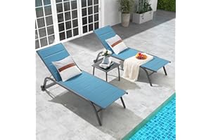 Patiorama Outdoor Patio Chaise Lounge Chair Set of 3, Dark Grey Aluminum Textilene Padded Adjustable Recliner w/Wheels, Side Table, Pool Lounger All Weather for Beach, Yard, Balcony (Turquoise Blue)