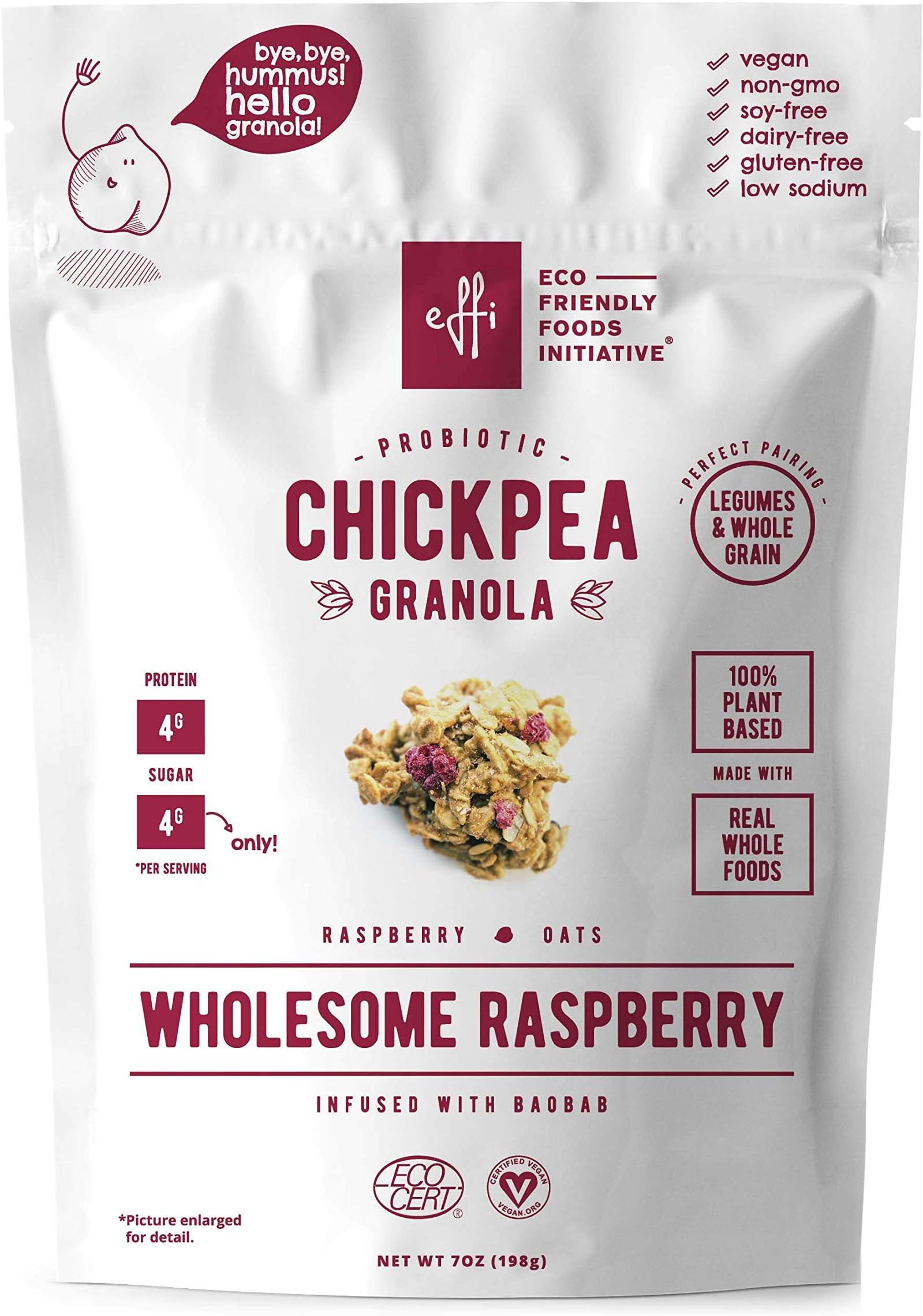 Chickpea Granola Wholesome Raspberry, Organic Plant Based Granola + Probiotics, Breakfast Snack, Nuts & Seeds, Baobab Superfood + Fiber, Vegan, Whole Grain Gluten Free Oats, 7 oz pouch