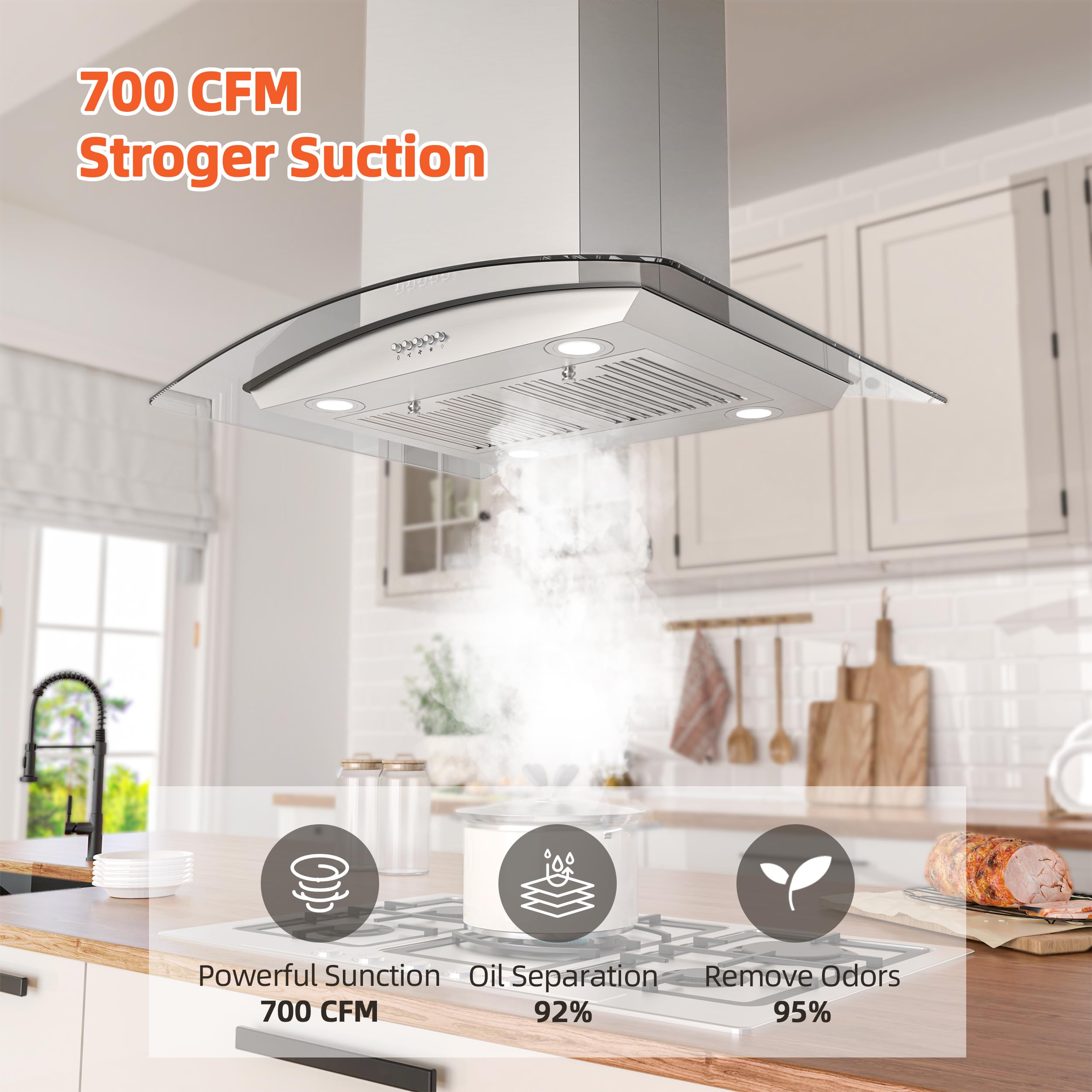 FIREGAS Island Range Hood 30 inch with 700 CFM, Ceiling Mount Kitchen Vent Hood Ducted/Ductless Convertible, Stainless steel stove hood with 3 speed fan, 4 lights, Tempered Glasss, Charcoal Filters