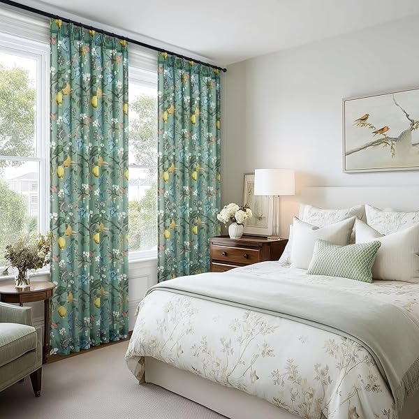 LINEN PINCH PLEATED FLORAL SHEER CURTAINS FOR BEDROOM VINTAGE FARMHOUSE LIGHT FILTERING PRIVACY SEMI SHEER CUTE LEMON HUMMINGBIRD CURTAIN FOR KIDS NURSERY LIVING ROOM 96 INCHES LONG 2 PANELS GREEN