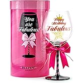 Happy Birthday Wine Glass for Women | Fun Gift Idea for Best Friend, Sister, Mom, Grandma, Aunt, Mimi, Teacher | Fabulous Any Age Bday Girl Present for Her | Big Glitter Decorated Glassware