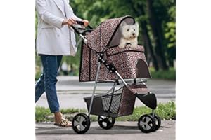 SFIHOME Pet Stroller for Small Dogs 10 lbs, Dog Stroller for Medium Dogs 30 lbs, Cat Strollers for 2 Cats, 3 Wheels Foldable Jogger Puppy Stroller with Storage Basket and Cup Holder, Leopard Print