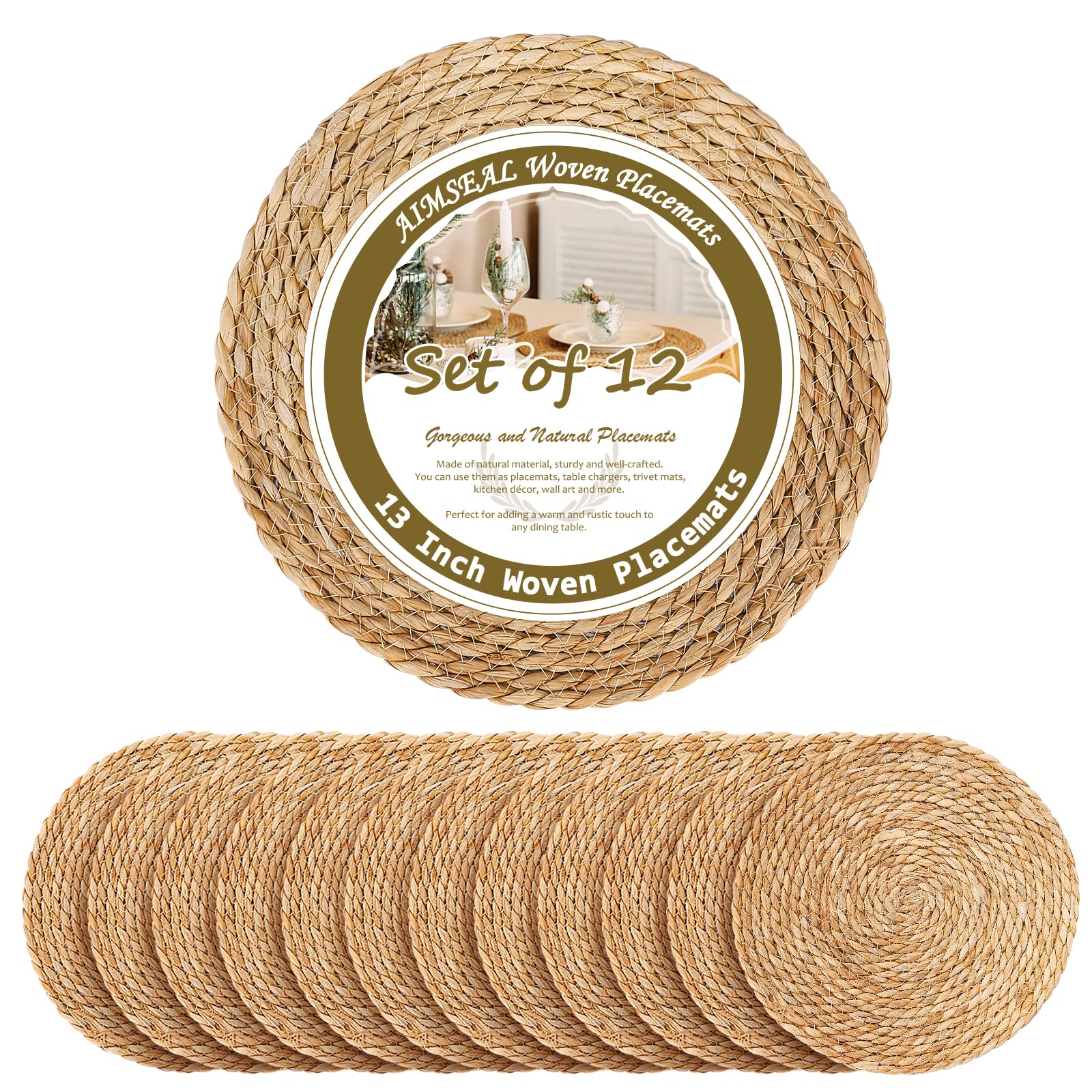 Photo 1 of 13 Inch Woven Placemats Set of 12, Boho Round Place Mats for Dining Table Decor, Rustic Jute Chargers for Dinner Plates, Farmhouse Outdoor Patio, Water Hyacinth Wicker Rattan Braided Boho Placemat