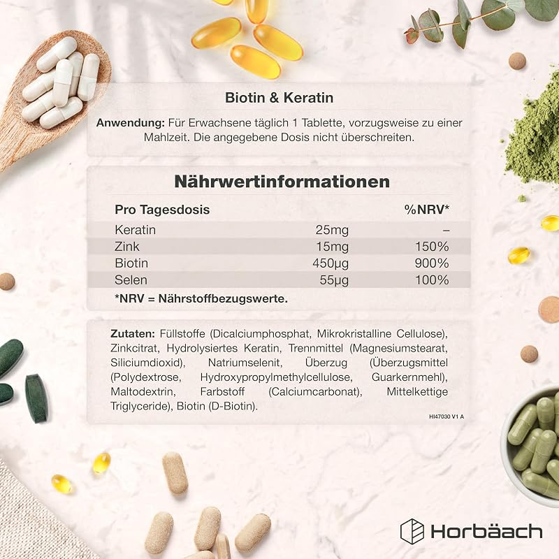 Biotin Keratin Tabletten für Haare mit Zink & Selen - +1 Jahr Vorrat
