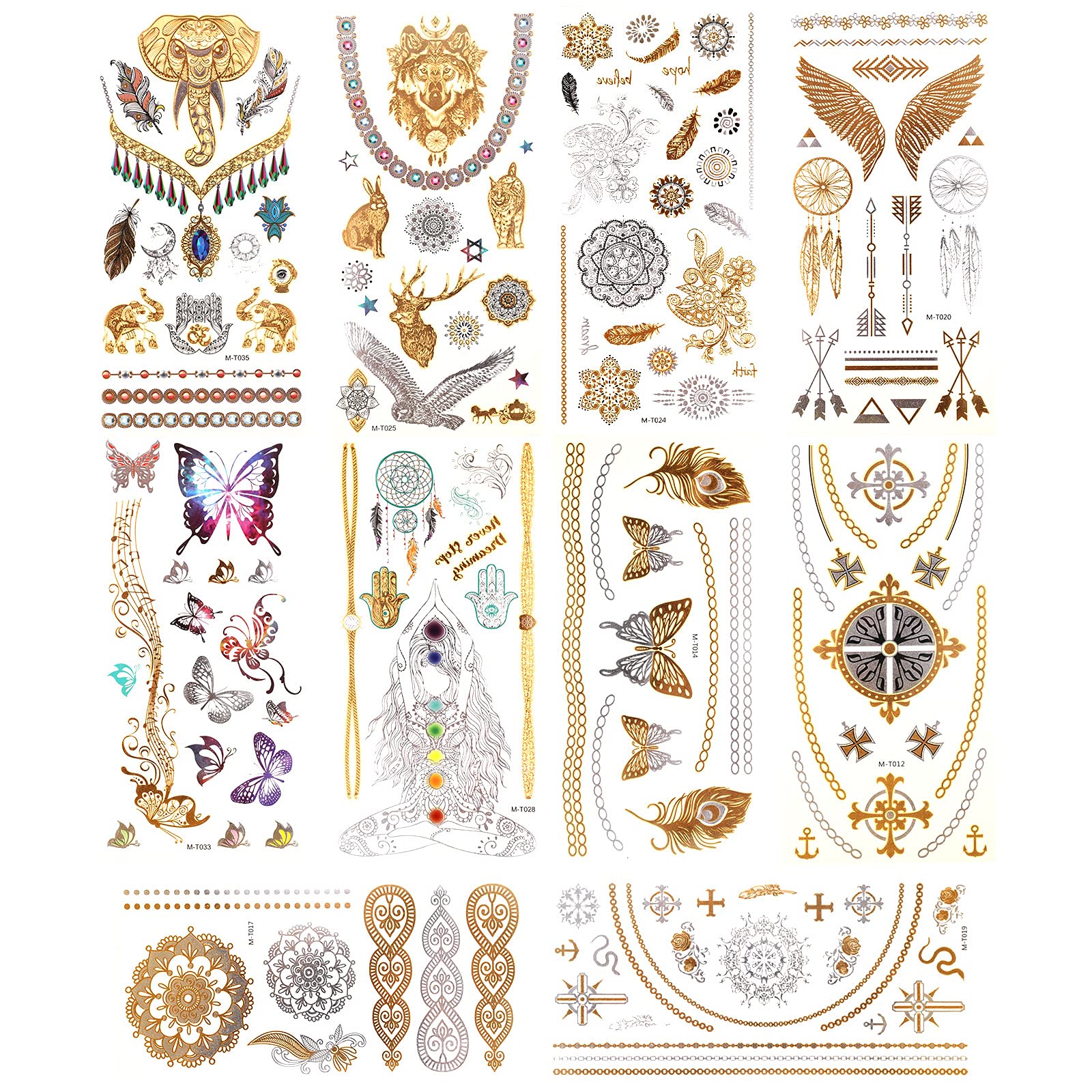 11 Sheets Metallic Gold Silver Glitter Temporary Tattoos, Waterproof Long Lasting 3D Fake Tattoo Stickers, Party Favors for Adult (Butterfly Elephant Animal Flower Cross)