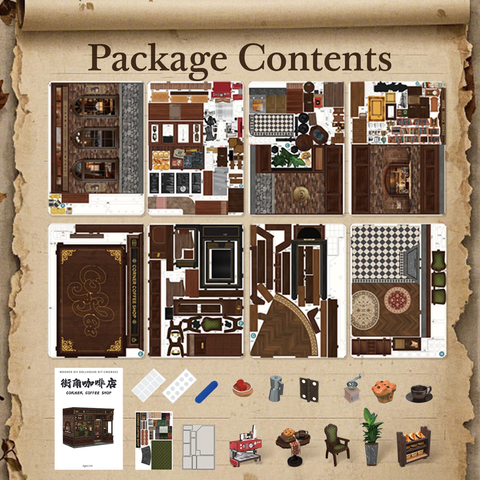 Fsolis DIY Book Nook Bausatz & Puppenhaus Miniatur Kreativgeschenk für Erwachsene & Jugendliche, Magische 3D Holz Deko mit beleuchtetem Puppenhaus für Bücherregale(Corner Coffee Shop) 9