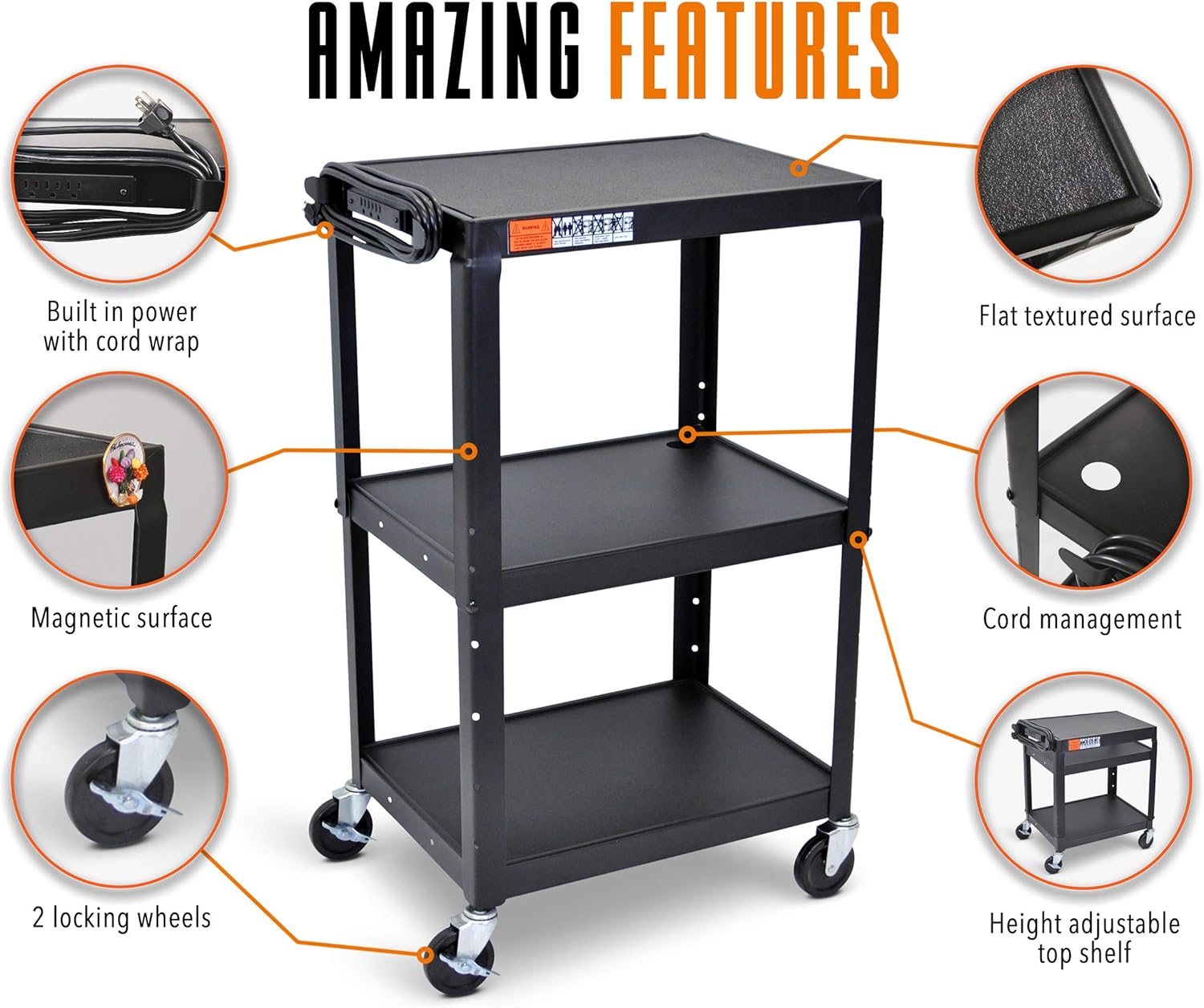 Line Leader AV Cart and Locking Cabinet - Includes Pullout Keyboard Tray, Easy Locking Wheels and Cord Management - Great for School and Office (42 x 24 x 18 / Black) : Office Products