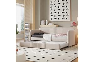 BIADNBZ Twin Size Upholstered Daybed with Trundle, Backrest and Armrests, Modern Velvet Sofabed Day Bed Frame for Bedroom Guestroom, Wood Slats Support, Beige