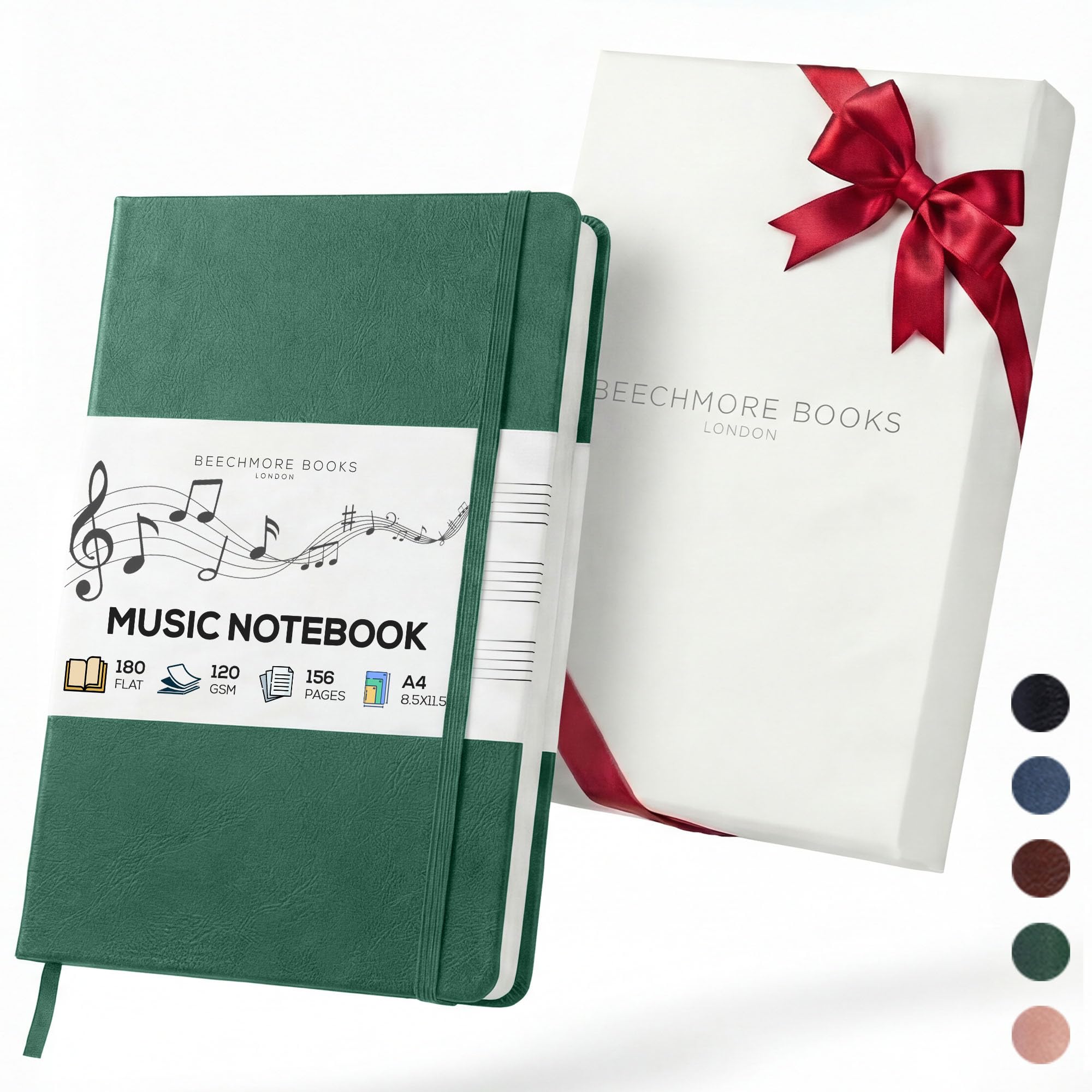 Beechmore Books Blank Sheet Music Notebook – A4 8.5x11.5 for Songwriters, Musicians & Composers, 156 Thick 120gsm Pages, 10-Staff Perforated Sheets, Vegan Leather Hardcover, Elastic Closure, Gift Box — image 1