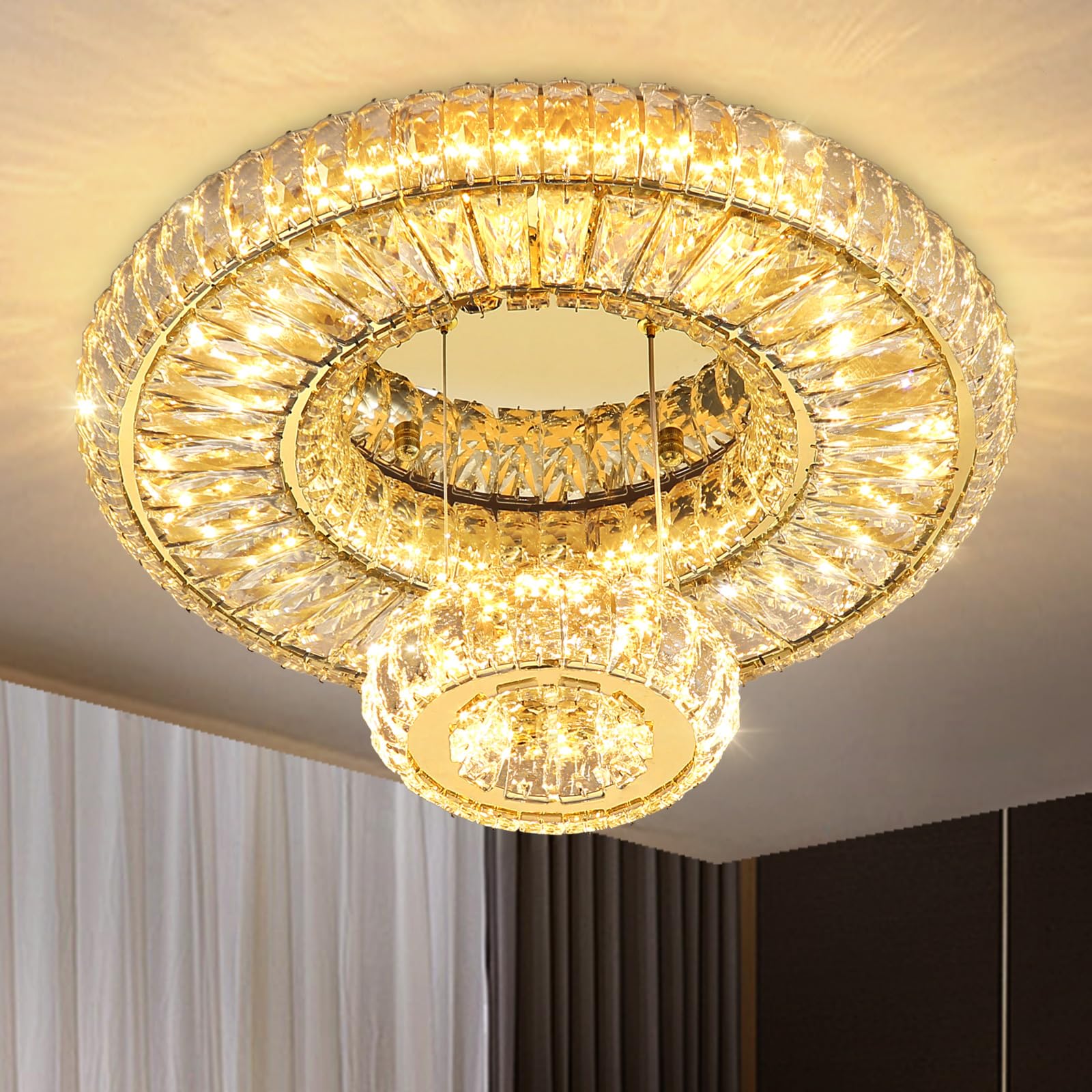 Photo 1 of 20'' Modern Crystal Chandeliers for Living Room LED Dimmable Ceiling Light Fixtures for Flush Mount Light for Bedrooms Foyer Hallway Entryway Gold