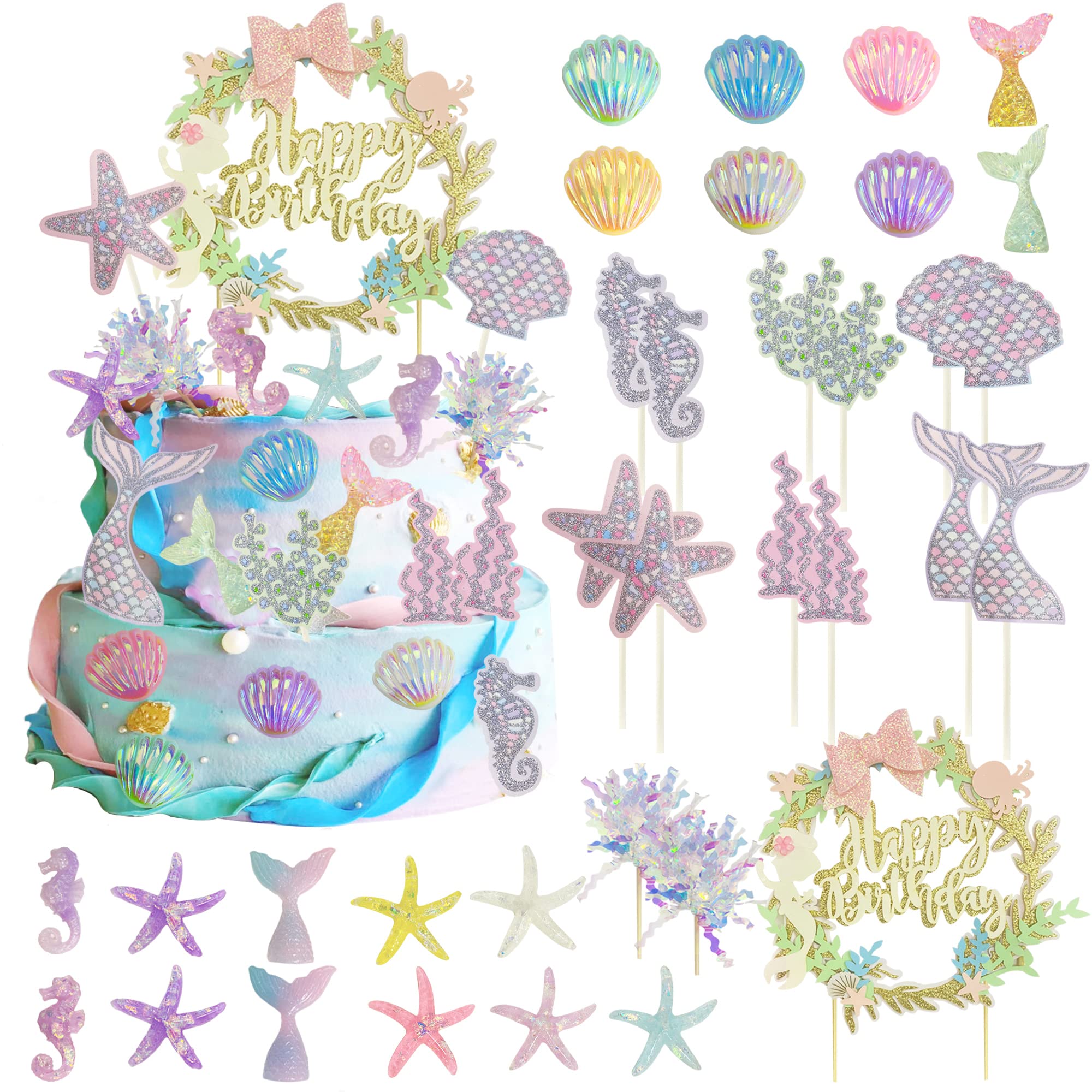 Photo 1 of 34PCS Mermaid Birthday Cake Topper Kit with Cupcake Topper Picks, Glitter Seaweed Decor and Starfish Conch Seahorse Shell for Birthday Party, Wedding Mermaid Party Supplies