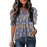 Bashafo Women's Puff Short Sleeve Shirt V Neck Summer Tops Casual Fashion T Shirts Loose Fit Blouses