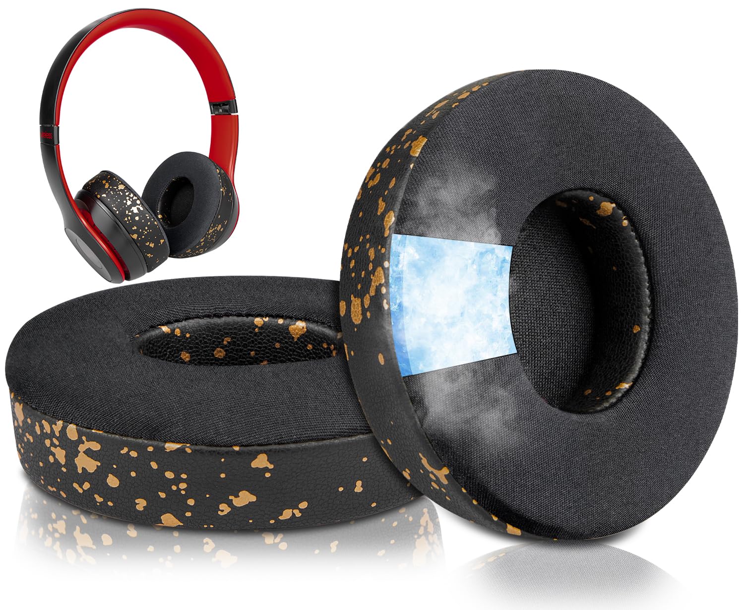 SoloWIT Cooling Gel Replacement Ear Pads Cushions for Beats Solo 2 & Solo 3 Wireless On-Ear Headphones, Earpads with High-Density Noise Isolation Foam, Added Thickness - Black Gold