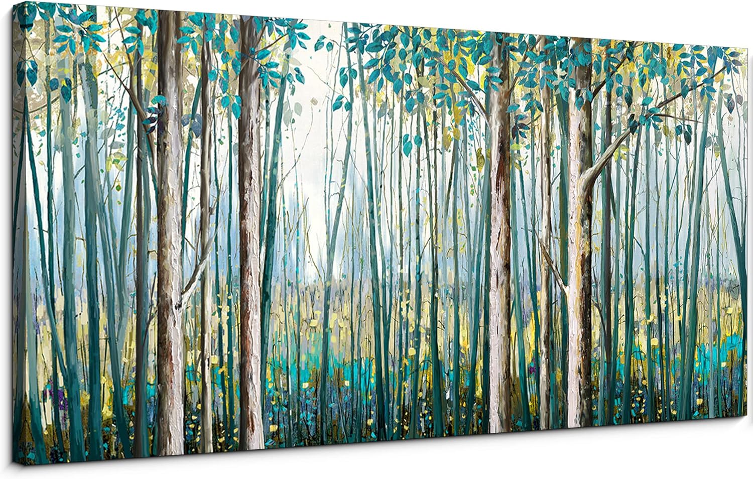 Paintings - yiijeah Green Wall Decor Hand Painted Nature Landscape Birch Living Room Wall Art Large Size Decorative Painting Cyan Leaves Yellow Flowers Living Room Bedroom Decorative Painting Framed Pictures