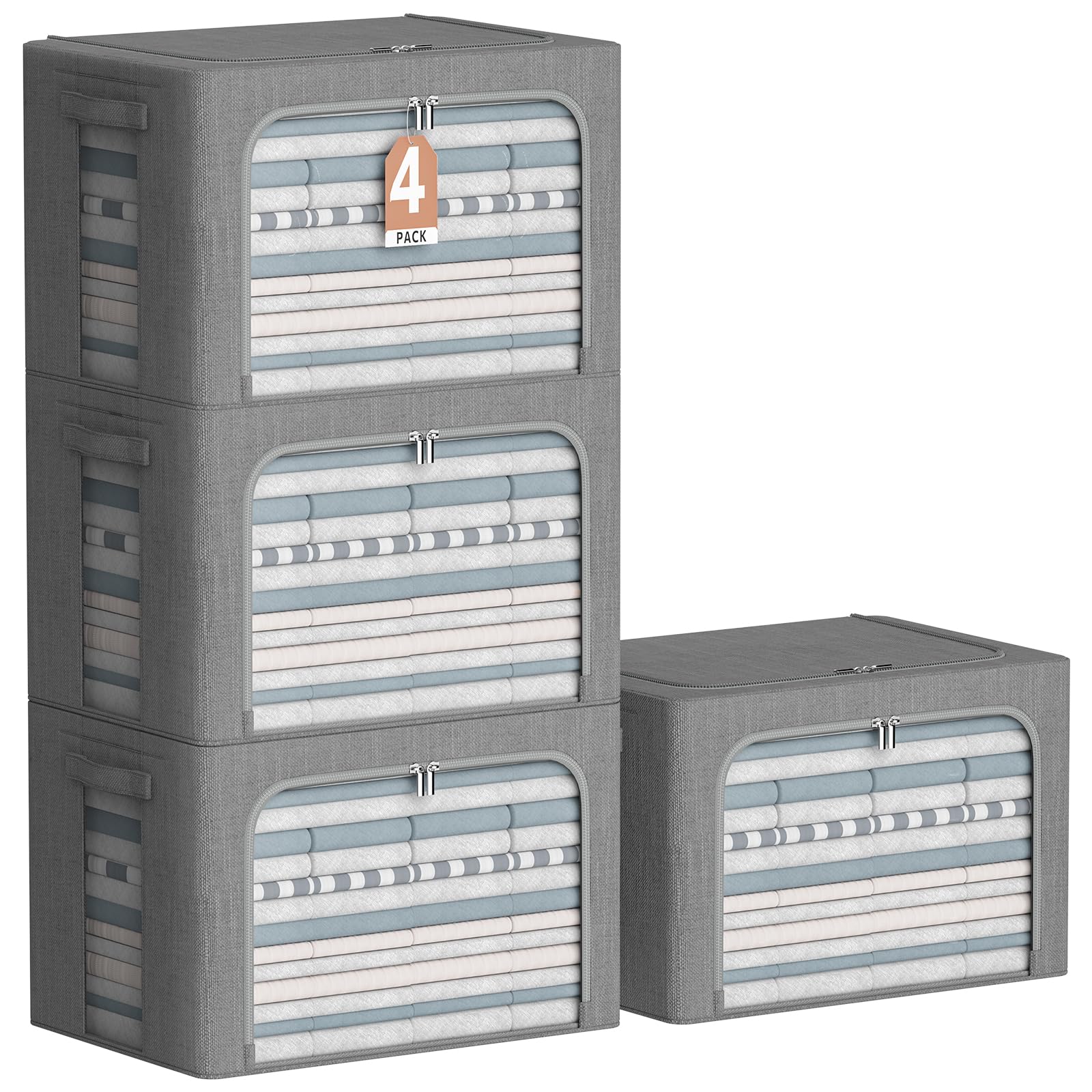 Photo 1 of 4 Pack Clothes Storage Bins with Metal Frame - Linen Fabric Foldable Stackable Container Organizer Set with Clear Window & Carry Handles & Zippers (Dark Gray, 19.7"x15.7"x13")