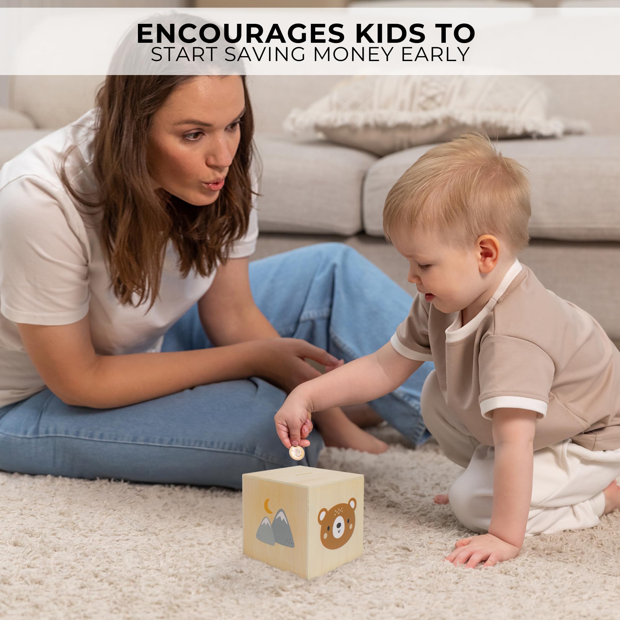 Wooden Piggy Bank for Kids - Beautifully Crafted Coin Bank Encourages to Start Saving Money Early - A Great Gift for Girls and Boys That Brightens Up Every Kids Bedroom