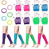 SATINIOR 40 Pieces 80s Neon Costume Accessories for Women 8 Pcs 80s Leg Warmers for Women 24 Neon Jelly Bracelets 8 Fingerless Fishnet Gloves for Back to School Party Dance Sports