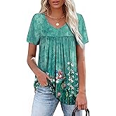 WEESO Womens T Shirts Short Sleeve Pleated Dressy Casual V Neck Summer Tops Blouses