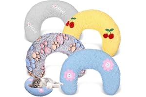 Nodaaiie 4 Pcs Ultra Soft Fluffy Pet Calming Pillow U Shaped Donut Cat & Dog Bed with Cute Embroidery, Anxiety Relief & Joint Support, Machine Washable