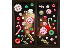 WALPLUS Christmas Window Clings Christmas Decorations Clearance Christmas Wall Sticker Double-Sided Reusable Peel and Stick Removable for Glass Living Room Xmas Peppermint Candy and Sweets 46 Pieces