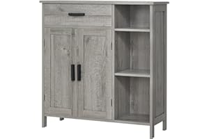 WEENFON Bathroom Cabinet, Floor Storage Cabinet with Doors and Shelves, Freestanding Coffee Bar Cabinet with Drawer, Modern Organizer Cabinet for Living Room, Bathroom, Kitchen, Gray