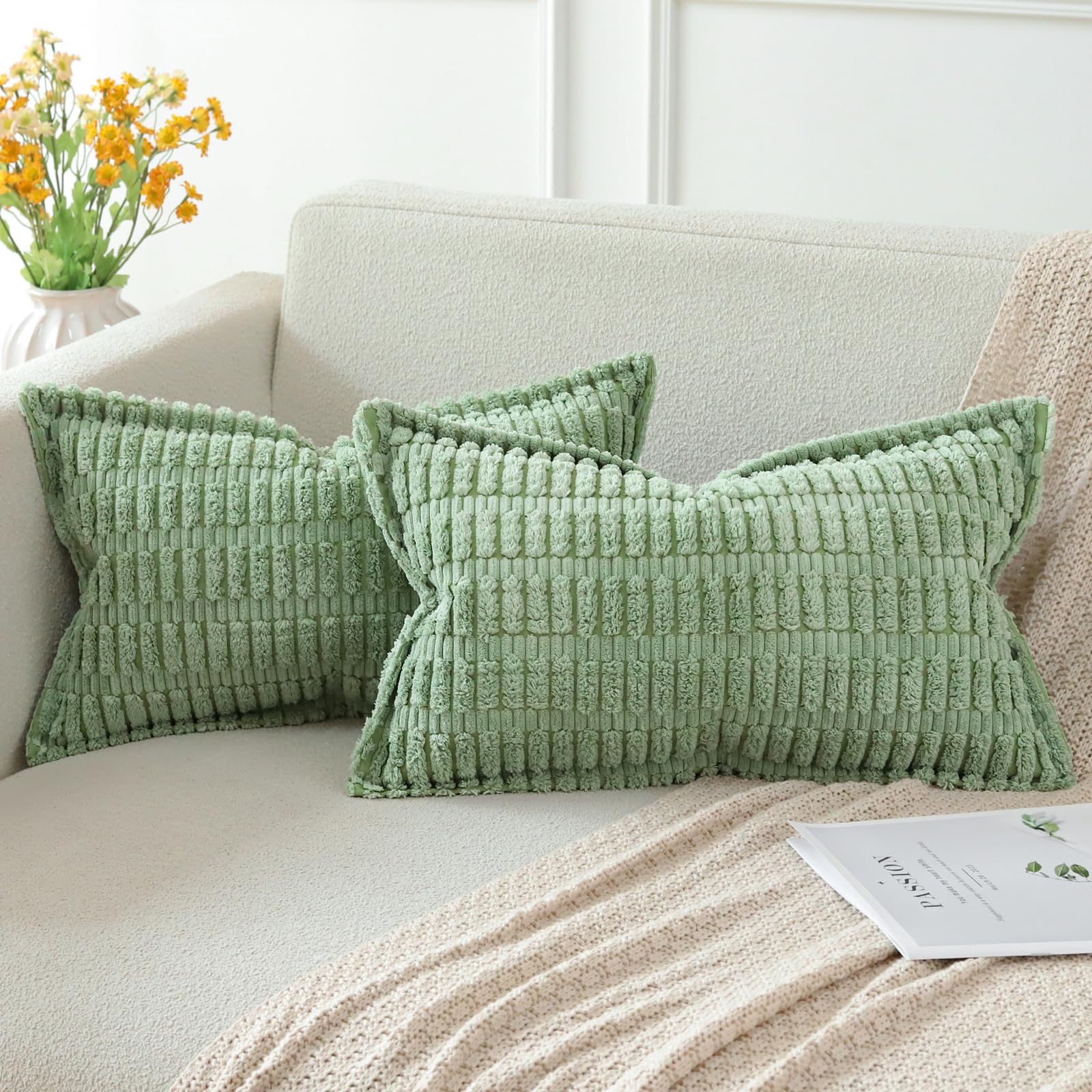 Artscope Sage Green Cushion Covers Set of 2 Corduroy Decorative Square Striped Pillowcase with Stitched Edge Pillow Covers 40x60cm for Home Decor Sofa Bedroom Car