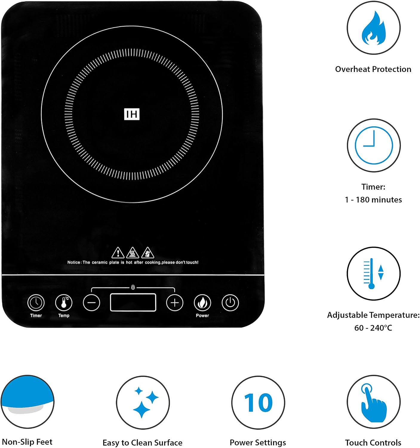 Quest 35839 Single Digital Induction Ceramic Portable Hob Hot Plate with 10 Temperature Settings and Touch Control, 2000W - Image 5