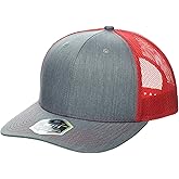 Outdoor Cap Blank Modern Trucker Hat - Mesh Back, Adjustable, Snap Back, Cotton Twill Cap, One Size, Heathered Grey/Red