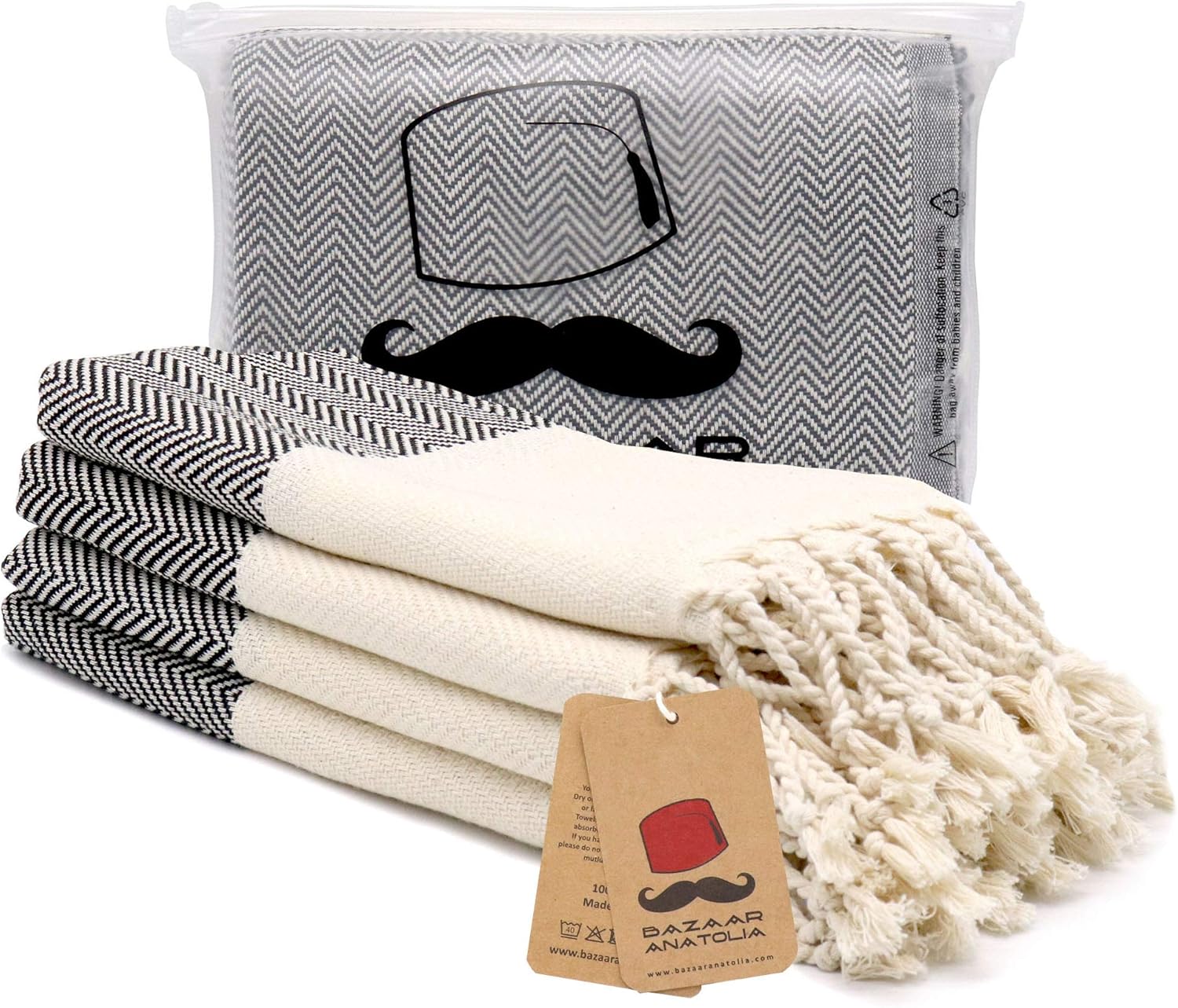 Turkish Hand Towel Set of 4 Herringbone Peshtemal Towel 100% Cotton 45x20" Light Weight Thin Quick Dry Hand Bath Hair Gym Face Tea Kitchen Dishcloth Set Decorative Bathroom Towel (Black): Home & Kitchen