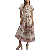 ACCPUR Women's Summer Boho Maxi Dresses Floral V Neck Tiered Short Sleeve Long Dress Flowy Beach Vacation Dress with Pockets