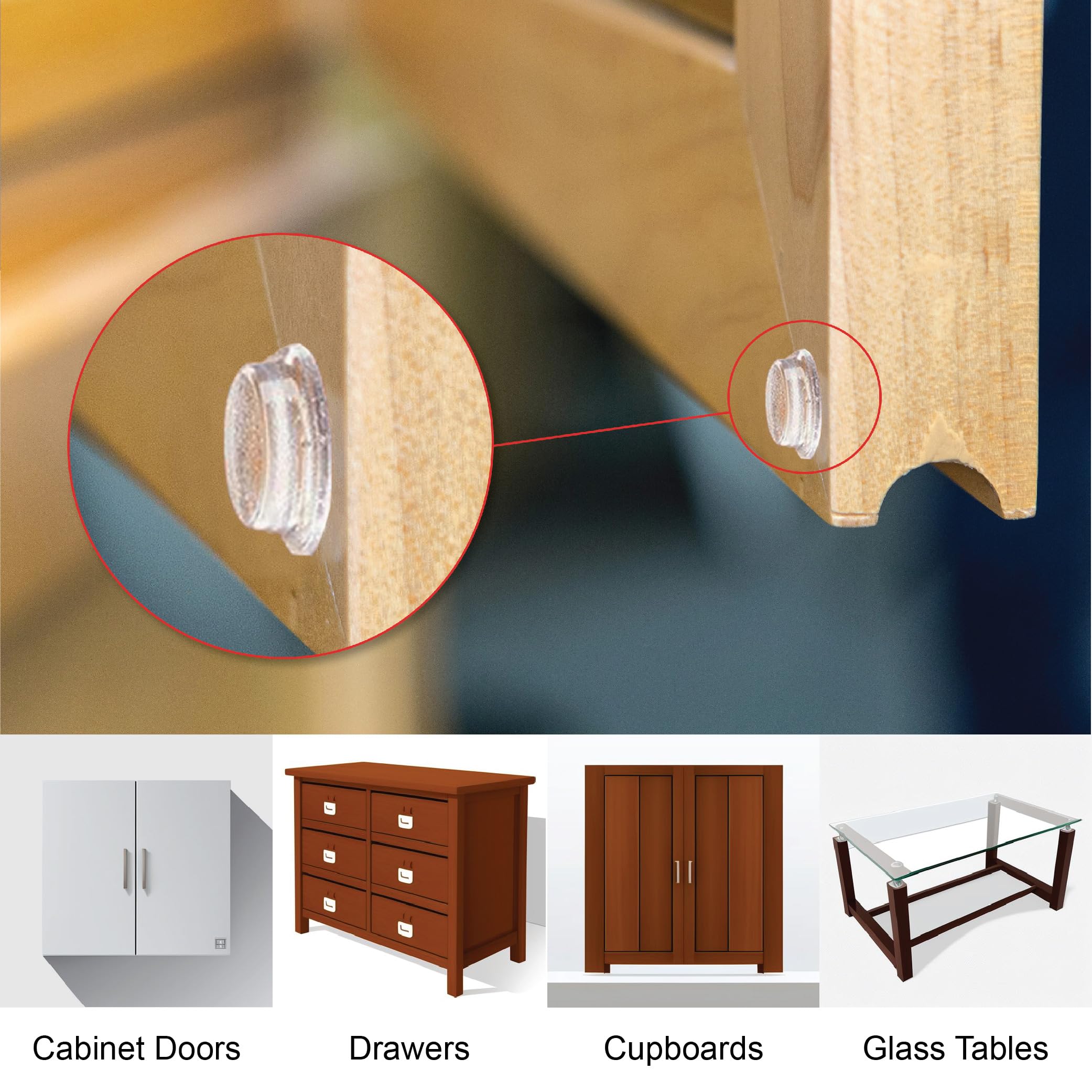 Pack of 100 Cabinet Door Bumpers - 1/2” Diameter Clear Adhesive Pads for Drawers, Glass Tops, Cutting Boards, Picture Frames, Small Furniture