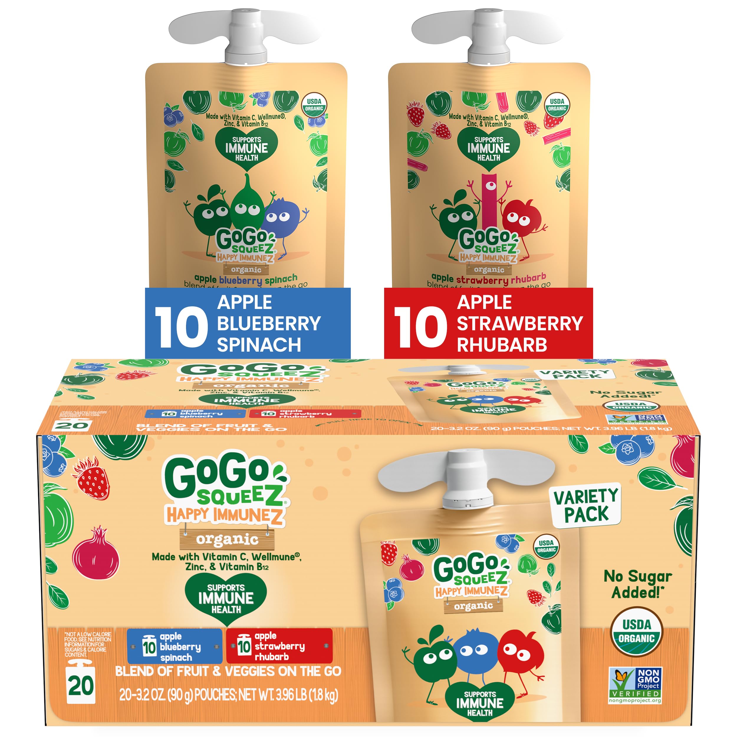 GoGo SqueeZ Happy ImmuneZ Variety Pack, Organic Apple Blueberry Spinach & Apple Strawberry Rhubarb, 3.2 oz (Pack of 20), Kids Snacks with Prebiotic Fiber, Gluten, Nut & Dairy Free