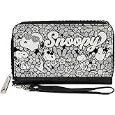 Buckle-Down Peanuts Wallet, Zip Around, Snoopy Poses and Daisy Flowers Collage Black Grays White, Vegan Leather