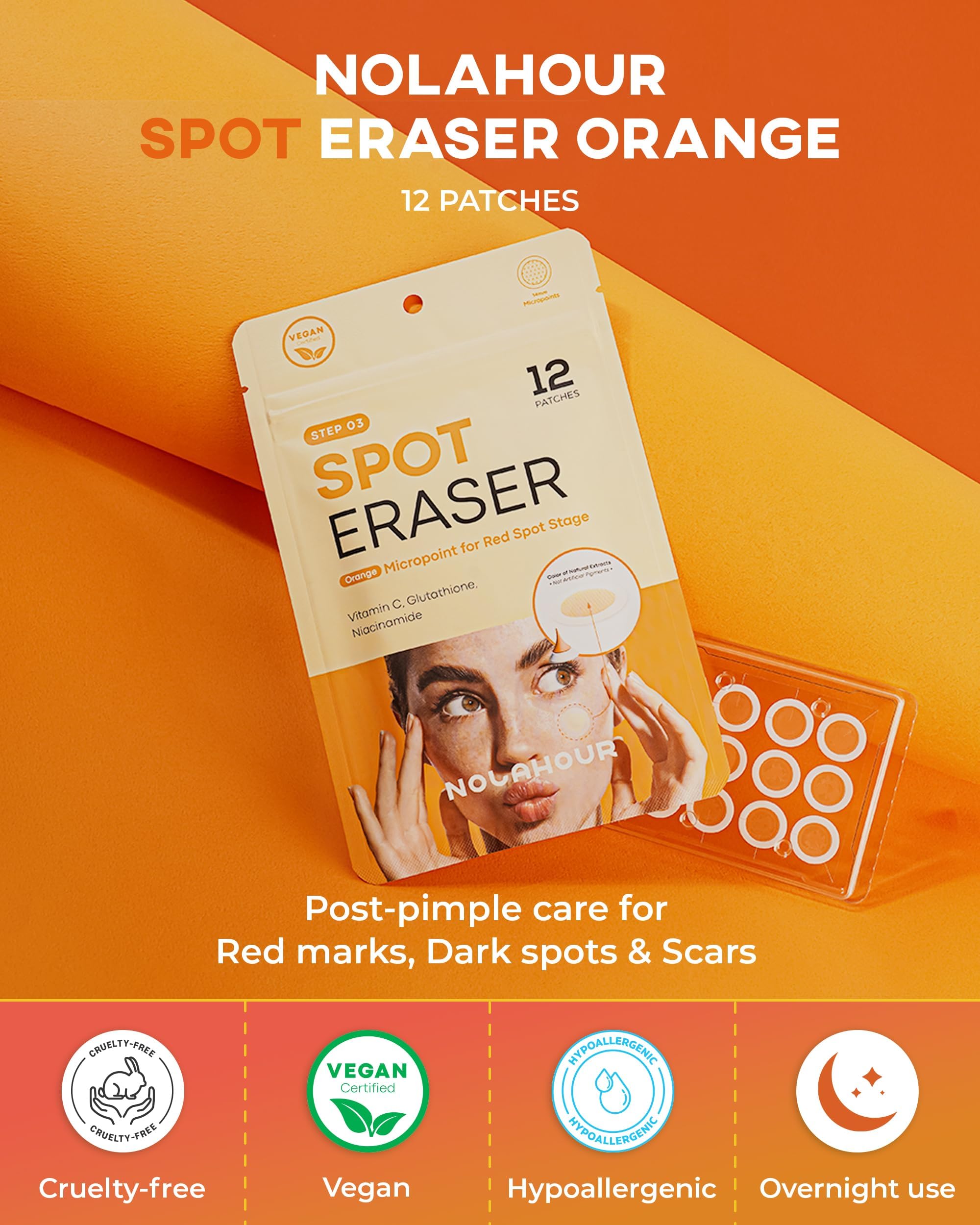 NOLAHOUR Spot Eraser Orange Microneedle Patch Vitamin C Glutathione Niacinamide Hardened Microneedle, Pack of 12, Acne Patch