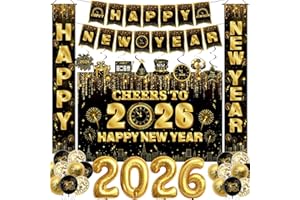 ACTILIZE New Years Decorations 2026 - Happy New Years Eve Party Supplies Include Banner, Backdrop, Door Banner, Foil 2026 Balloons, Latex Balloons, Swirls for NYE Party Decorations