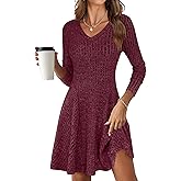 ANRABESS Women Long Sleeve Ribbed Knit Short Dresses 2026 Spring V Neck Casual Swing A Line Sweater Dress