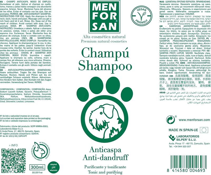 Champú Anticaspa para Perros | Combate la Caspa y Descamaciones de la Piel | Limón | Pelaje Suave y Brillante | Acción Purificante y Tonificante | 300 ml