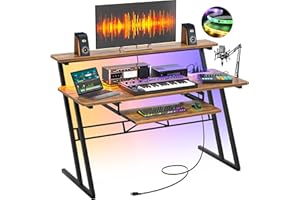 armocity Music Studio Desk with Power Outlets and RGB LED Lights, Music Production Desk for Recording, Studio Workstation Desk for Producer, Music Table for Studio, Rustic Brown