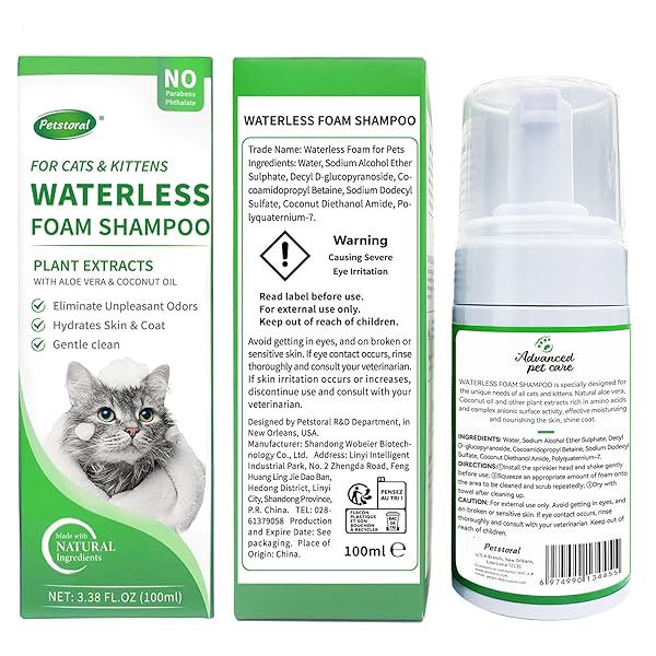 PETSTORAL WATERLESS CAT SHAMPOO NO RINSE KITTEN SHAMPOO, EASY CAT BATH CLEANER – HYPOALLERGENIC CAT SHAMPOO FOR LONG AND SHORT HAIR