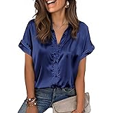 Zeagoo Womens Satin Blouse Short Sleeve Silk Tops Button Down Shirts Business Casual Outfits